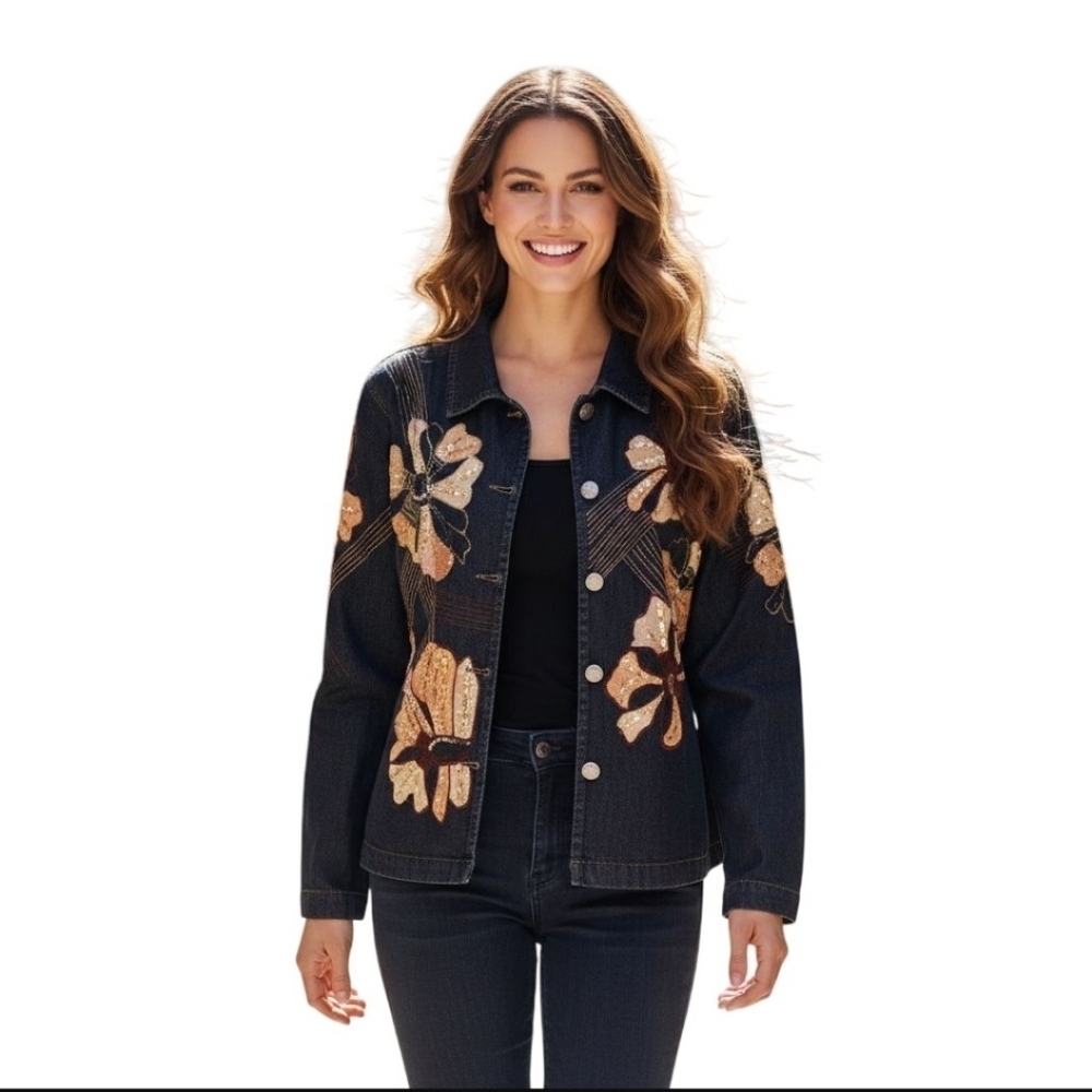 Alex Kim Vintage Mixed Media Sequin Embellished Black Chambray Shacket Size 1X